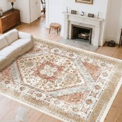 Area Rug, 8 x 10 ft Large Washable Rug, Non-Slip and Tear-Resistant Soft Carpet, Pet & Child Friendly Vintage Area Rugs, Indoor Mat for Bedroom, Living Room, Kids Room, Office, Brown Red