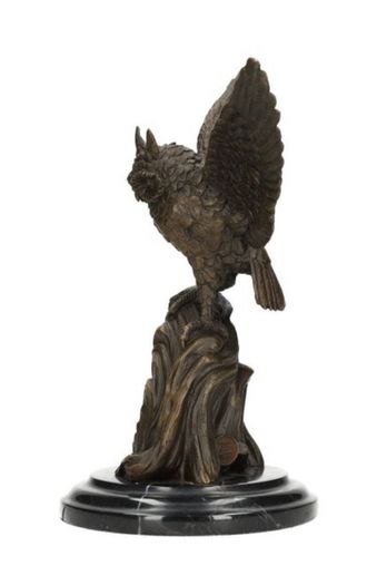 Majestic Bronze Owl Sculpture - Bronze, Marble, Signed