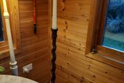 Antique oak barley twist candlestick w/ candle. D18