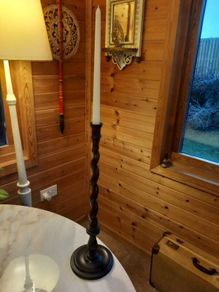 Antique oak barley twist candlestick w/ candle. D18