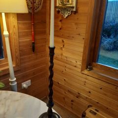 Antique oak barley twist candlestick w/ candle. D18