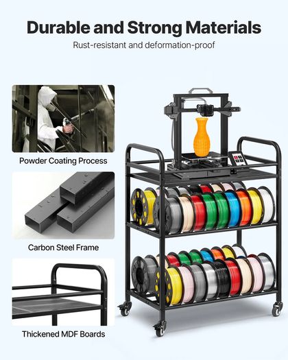 3D Printer Filament Storage Rack 3 Tier Heavy Duty Storage Shelf, Rolling Filament Spool Holders Racks with Wheels, Filaments Organzied for 3D Printing Station, Office, Workshop (Shelf Only)