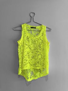 Pre Owned Primark Neon Yellow Floral Lace Tank Top