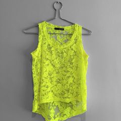 Pre Owned Primark Neon Yellow Floral Lace Tank Top