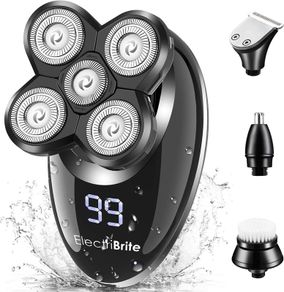Electric Razor for Men, ElectriBrite Bald Head Shaver Rotary Cordless Nose Hair Beard Trimmer Clippers Facial Cleansing Brush Waterproof USB Rechargeable Men Grooming Kit with 5D Floating 5 Razor Head