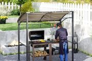 2.2 x 1.5 m BBQ Grill Gazebo Tent, Garden Grill with Metal Frame, Curved Canopy and 10 Hooks, Outdoor Sun Shade, Khaki