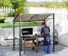 2.2 x 1.5 m BBQ Grill Gazebo Tent, Garden Grill with Metal Frame, Curved Canopy and 10 Hooks, Outdoor Sun Shade, Khaki