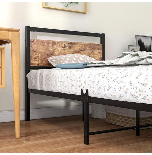 3ft Single Bed Frame with Wooden Headboard, Brown Heavy Duty Steel Support, No Box Spring Needed, Noise Free,Easy Assembly