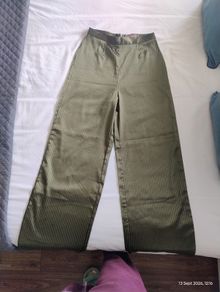 Skylar Rose Olive Green Satin Striped Wide-Leg Trousers ]