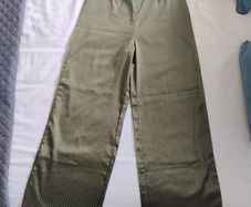 Skylar Rose Olive Green Satin Striped Wide-Leg Trousers ]
