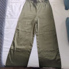 Skylar Rose Olive Green Satin Striped Wide-Leg Trousers ]