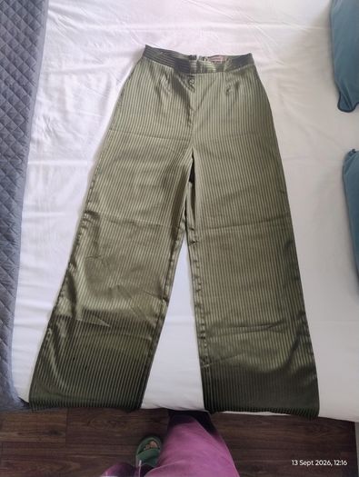 Skylar Rose Olive Green Satin Striped Wide-Leg Trousers ]