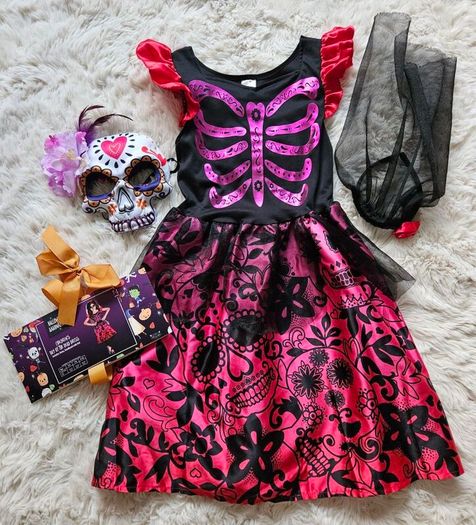 Halloween Children's Day of the Dead Dress + Accessories 7-8 Years