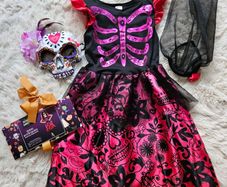 Halloween Children's Day of the Dead Dress + Accessories 7-8 Years