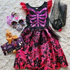 Halloween Children's Day of the Dead Dress + Accessories 7-8 Years