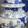 Vintage Oriental Ceramic Cobalt Blue and White Lidded Round Made in China Urn Storage Container Ginger Jar with Bird & Cherry Blossom Motif Image 2
