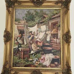 Original Riccardo Pellegrini Signed Oil Painting  Antique Italian Genre Scene in Ornate Gilt Frame