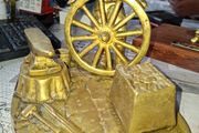 Beautiful Rare Large Heavy Brass Blacksmith Figurine a Wheelwright Scene. It features a Blacksmith Mending a Large Wagon Wheel next to an Anvil, Tools, and a Block, Postage Available,