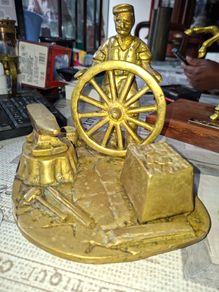 Beautiful Rare Large Heavy Brass Blacksmith Figurine a Wheelwright Scene. It features a Blacksmith Mending a Large Wagon Wheel next to an Anvil, Tools, and a Block, Postage Available,