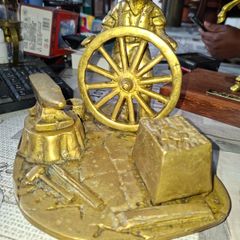 Beautiful Rare Large Heavy Brass Blacksmith Figurine a Wheelwright Scene. It features a Blacksmith Mending a Large Wagon Wheel next to an Anvil, Tools, and a Block, Postage Available,