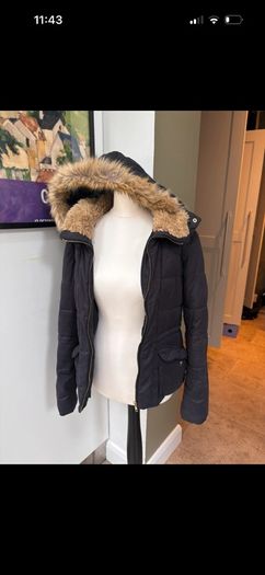 Navy Zara Coat with fur lined hood