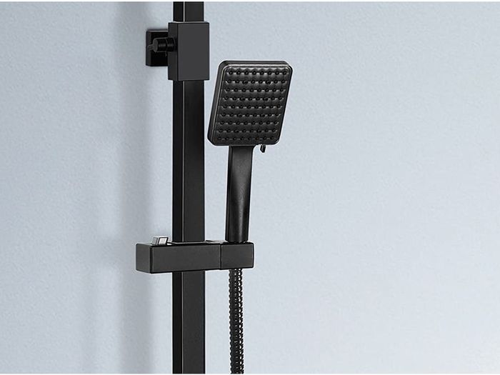 Thermostatic Shower Mixer Set, Thermostat Shower Rail System with Adjustable Rainfall Shower Head, Scalding Protection Bath Tap, Anti-Kink Shower Hose (Square, Matte Black)