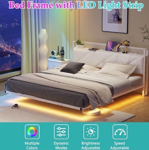Floating King Bed Frame with LED Lights & USB Charging Station, 150x200cm Metal Platform King Size Bed Frame with 5ft Upholstered Headboard Storage,Heavy Duty Metal Slats, Noise Free,White