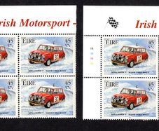 2001 Ireland Irish Motorsport 45p/57c Mini Cooper S Commemorative Stamp Plate Blocks 1A1A1A1A &  1B1B1B1B Mint Never Hinged (MNH)