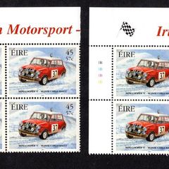 2001 Ireland Irish Motorsport 45p/57c Mini Cooper S Commemorative Stamp Plate Blocks 1A1A1A1A &  1B1B1B1B Mint Never Hinged (MNH)