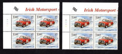 2001 Ireland Irish Motorsport 45p/57c Mini Cooper S Commemorative Stamp Plate Blocks 1A1A1A1A &  1B1B1B1B Mint Never Hinged (MNH)