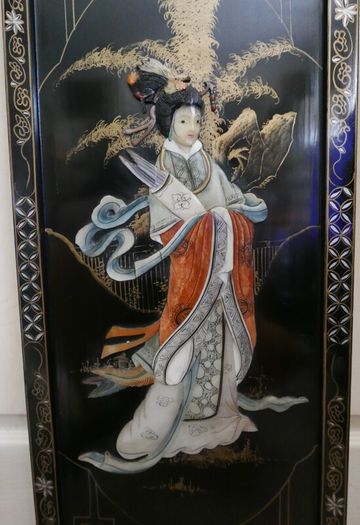 Vintage large Japanese Mother of Pearl Wall Panel / Black Lacquer Geisha Warrior & Floral ORIENTAL WALL ART
