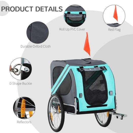 Folding Dog Bike Trailer Pet Cart Carrier for Bicycle Travel in Steel Frame with Hitch Coupler - Light Blue & Grey