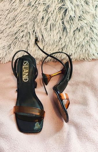 River Island Black Heels with Orange Strap & Acrylic Flared Heel Size UK 6 / EU 39