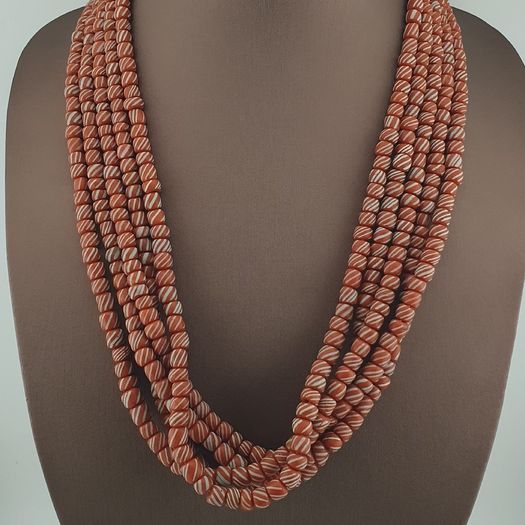 Vintage African white Stripe Orange 7.1mm - 7.5mm Glass Beads Necklace