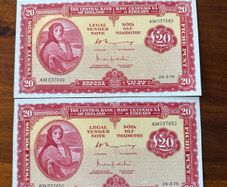 Lady Lavery 20 Pound Banknotes  X 2 In Sequence