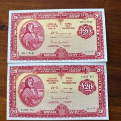 Lady Lavery 20 Pound Banknotes  X 2 In Sequence