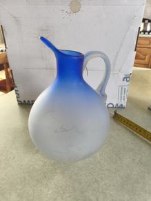 Vintage from the 1980s blue Frosted Art Glass Carafe / vase