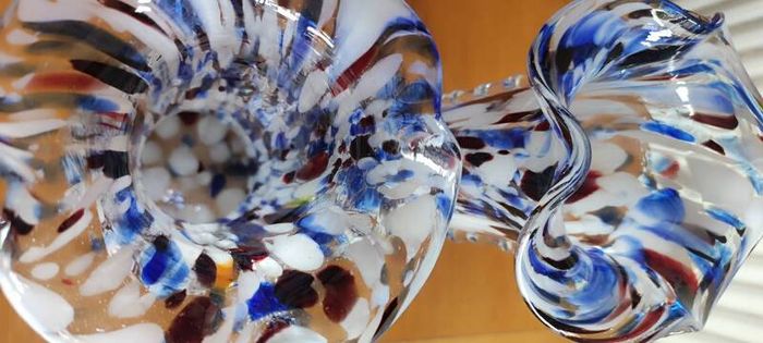 Set 2 Vintage Murano Tall Blue Carnival Confetti Vase With Ruffled Top, Hand Blown Blue Speckled Glass Vessel, Mid Century Italian Vase