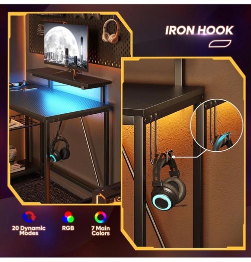 106.5CM L-Shaped Gaming Desk with RGB LED Lights Carbon Fibre Surface, 3 Power Outlets & 2 USB Ports, Reversible Corner Desk with Shelves & Hooks for Home Office & Small Spaces