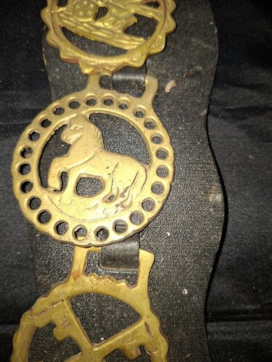 Set of Five Old Brass Horse Medallions on a black strap, Postage Available,