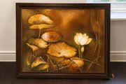Vintage textured lotus painting in warm golden tones 95times 78cm