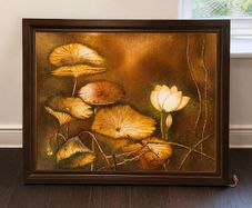Vintage textured lotus painting in warm golden tones 95times 78cm