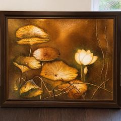 Vintage textured lotus painting in warm golden tones 95times 78cm