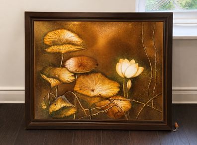Vintage textured lotus painting in warm golden tones 95times 78cm