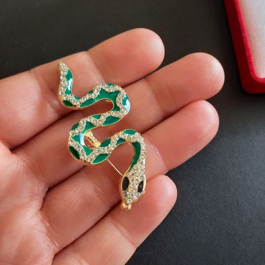 Snake Brooch Cobra Pin Gold Tone with Green & White Crystals Rattle Snake Broach