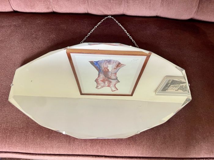 Petite Oval Bevelled Early 20th Century Frameless Mirror with Original Chain