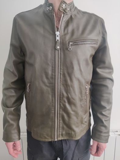 New Schott NYC, LC 949 WX, Iconic Cafe Racer Leather Jacket Mens, Size L, Khaki