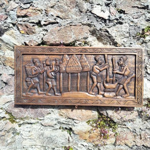 Vintage African Hand-Carved Wood Wall Relief Panel (29x64 cm