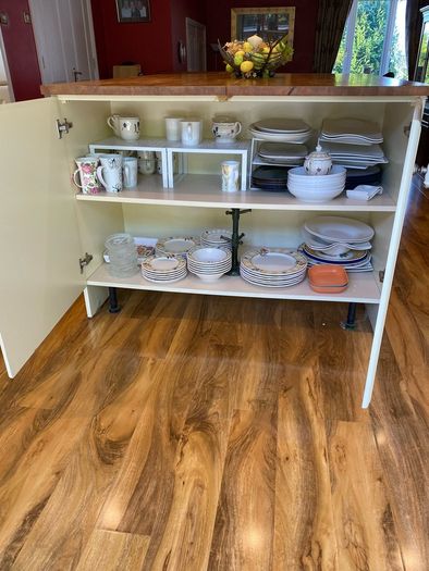 Cream Kitchen with Solid Oak Worktops + integrated Dishwasher & Fridge/Freezer + new Quartz black Sink & Mixer Tap