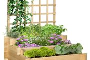 3 Tier Garden Planters with Trellis for Vine Climbing, Wooden Raised Beds, 95x95x110cm, Natural Tone